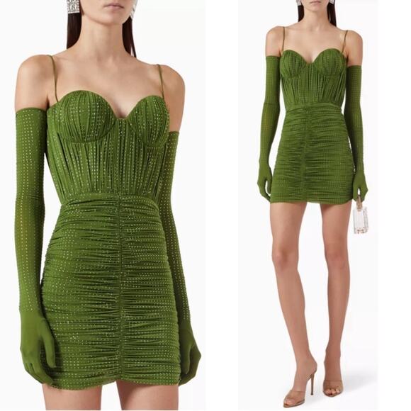 Alex Perry Sweetheart Ruched Crystal Jersey Bustier Fern Green Mini Dress Sz 6 - Picture 2 of 16